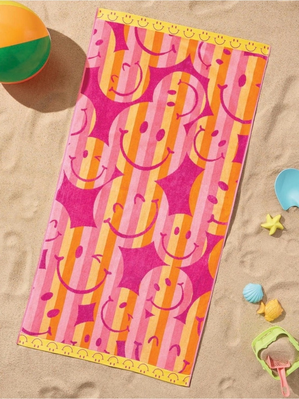 Kids Smiley Stripe Beach Towel - Pink & Orange